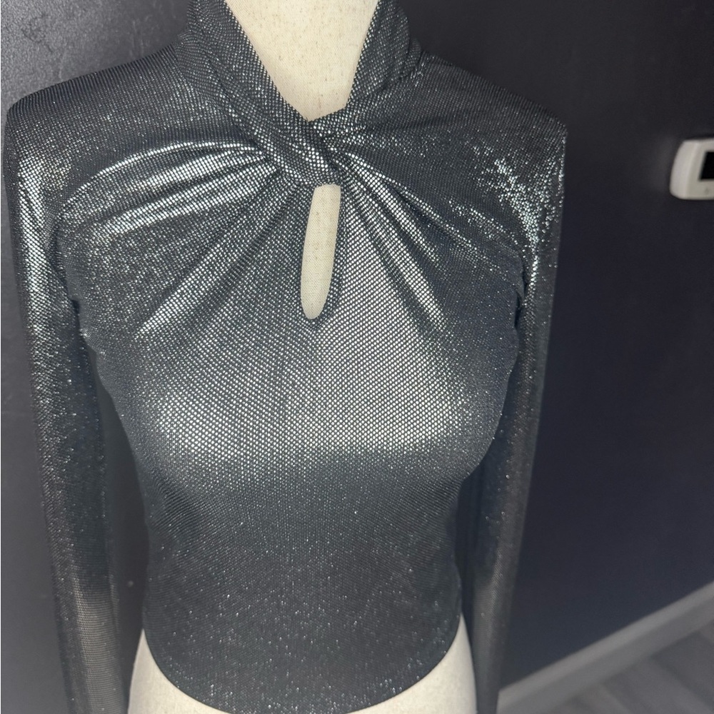 Shimmering Black and Green Turtleneck Top